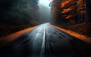 Картинка дорога, лес, туман, осень