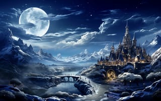 Картинка 3d, луна, замок, пейзаж, ночь
