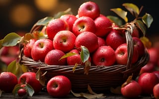 Картинка яблука, кошик, AI art, краплі води, листя, осінь, яблуко