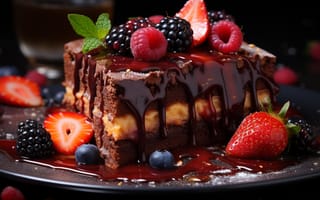 Картинка десерт, стіл, полуниця, ягоди, тістечко, лохина, крем, малина, тарілка, мята, AI art