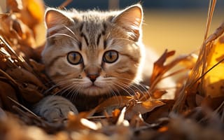 Картинка кіт, кошеня, вуса, листя, AI_art, осінь, мордочка, трава