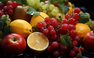 Картинка стіл, фрукти, ягоди, лимони, AI_art, виноград, яблуко, яблука, лимон, краплі води