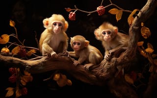 Картинка 3d, обезьянки, ягоды, ветка