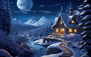 Картинка зима, пейзаж, с домиком, 3d