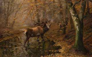 Картинка Carl Ritter von Dombrowski, 1907, Roaring deer in the riparian forest