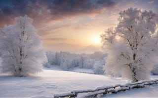 Картинка деревья, иней, пейзаж, снег, закат