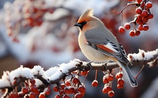 Картинка птах, омелюх, AI_art, зима, дерево, свиристель, гілка, сніг, горобина
