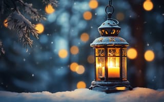Картинка зима, парк, гілка, вечір, ялинка, ліхтар, свічка, сніг