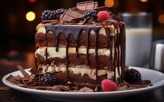 Картинка десерт, стіл, малина, тарілка, тістечко, торт, шоколад, ожина, AI_art, крем, ягоди