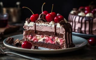 Картинка десерт, стіл, тарілка, крем, вишні, торт, AI_art, шоколад, ягоди