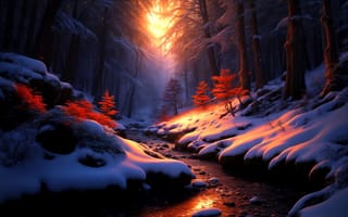 Картинка лес, снег, пейзаж, 3d, закат