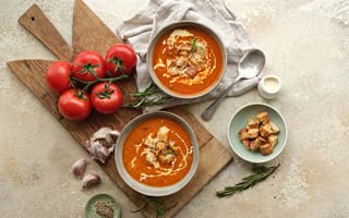 Картинка Smoky Tomato Soup, Tomatoes, Garlic Cloves, cream, Croutons