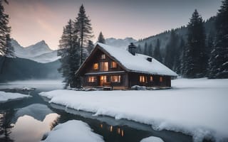 Картинка дом, лес, река, снег, пейзаж, 3d, зима