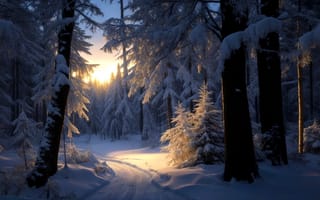 Картинка лес, закат, зима