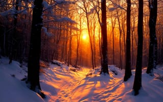 Картинка снег, деревья, закат, зима
