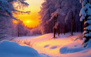 Картинка снег, лес, закат