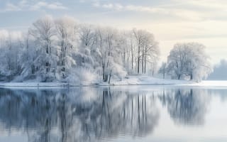 Картинка река, деревья, снег