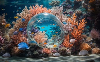 Картинка кораллы, рыбки, 3d, сфера, дно, морское
