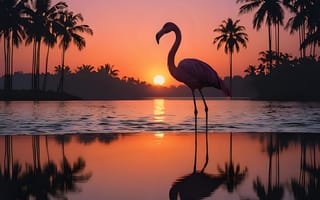Картинка фламинго, закат, пейзаж, 3d