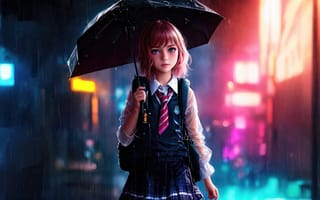 Картинка Дівчина, школярка, парасолька, дощ