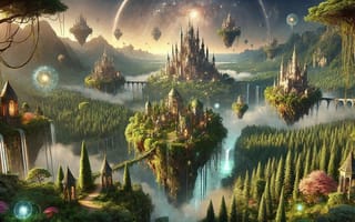 Картинка fantasy, floating city, clouds, waterfalls, magical landscape, fantasy architecture, enchanted forest, mystical, surreal, dreamscape