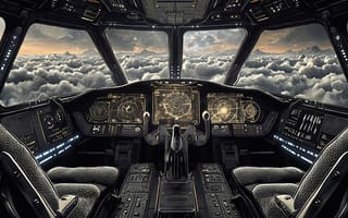 Картинка cockpit, futuristic, sci-fi, technology, advanced, clouds, holographic displays, flight deck, scenic view, controls