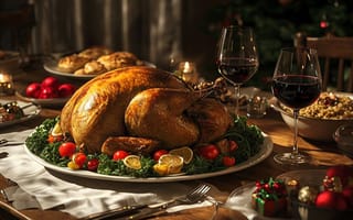 Картинка holiday, table, cozy, Christmas, decorations, roasted turkey, gourmet, tradition, candles, red ornaments, family, wine glasses, celebration, festive, serving, luxury, feast, dinner, warm lighting, food