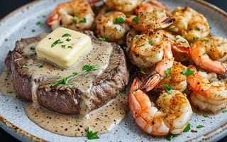 Картинка Surf and Turf, стейк и креветки, изысканная кухня, креветки с чесноком, блюда для г, жареный стейк, стейк с маслом, кулинарное искусство, блюда из морепродуктов, мясо с морепродуктами, сливочный соус, праздничный ужин, ресторанные блюда, креветки на гриле