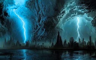 Картинка грозовой город, молния, буря, водная гладь, ноч, электричество, урбанизм, апокалипсис, темный, энергия, архитектура, футуризм, киберпанк, мегаполис, наука и технологии, драматическое небо, атмосферное явление, футуристический пейзаж, природные явления