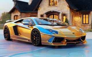 Картинка Ламборгини, Aventador, успех, мощность, авто, гламур, дизайн, аэродинамика, элитный, шедевр, скорость, роскошь, мечта, золотой цвет, технологии, современность, спорткар, богатство, стиль, динамика, суперкар