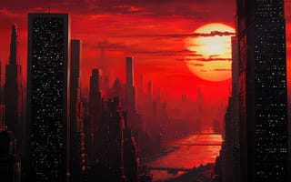 Картинка futuristic New York skyline, sunset cityscape, glowing sun, high-rise buildings, red sky, modern city lights, cyberpunk cityscape, New York river view, urban landscape, dramatic lighting, futuristic metropolis, futuristic architecture, sci-fi city skyline