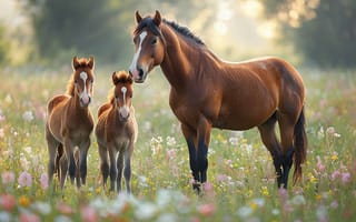 Картинка лошадь, жеребята, спокойствие, красота, сельская местность, животные, деревня, семья, зелень, весна, луг, солнечный свет, потомство, мать, природа, цветы, дикая природа, мирный, поле