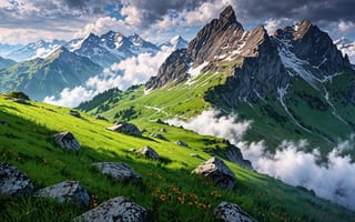 Картинка гори, хмари, туман, трава, каміння