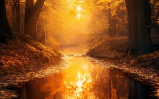 Картинка осень, лес, река, закат, природа, отражение, пейзаж, деревья, мир, спокойствие