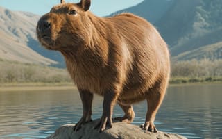 Картинка капибара, природа, водоем, горы, животные, пейзаж, отражение