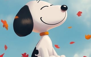 Картинка собака, осень, улыбка, пейзаж, листья, мультфильм, счастье