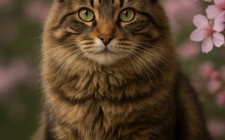 Картинка кот, цветы, природа, питомец, фото, красота, животные