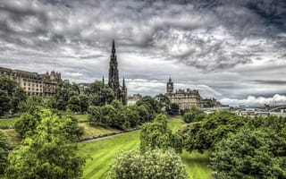 Картинка небо, шотландия, hdr, деревья, дома, эдинбург, мост