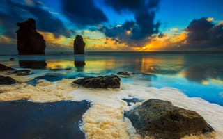 Картинка скалы, море, пена, пейзаж, закат, камни, берег, северный остров новой зеландии