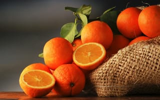 Обои фрукты, листики, апельсины, цитрусы, мешковина