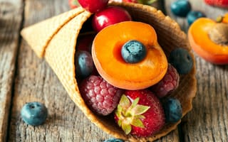 Картинка малина, вишня, ягоды, вафли, черника, абрикосы, клубника