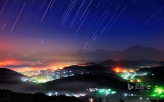 Картинка ночь, китай, туман, город, пейзаж, тайвань, огни