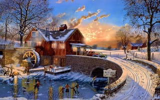 Картинка дорога, каток, силуэты, зима, мостик, живопись, деревья, дома