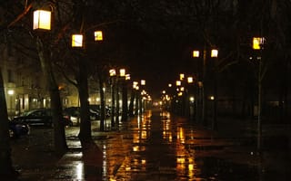 Картинка ночь, фонари, улица, город, дождь