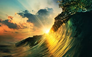 Картинка океан, море, вода, природа, волна, брызги, всплеск, закат, заход, вечер, свет, лучи, солнечный свет, лучи солнца, солнце