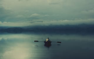 Картинка озеро, мгла, лодочник, одиночество