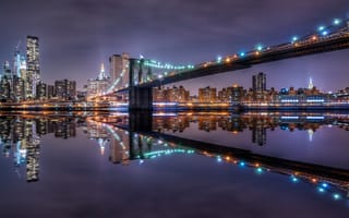 Картинка ночь, нью-йорк, город, сша, бруклинский мост