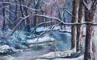 Картинка деревья, мороз, снег, речка, живопись, ветки, пейзаж, зима