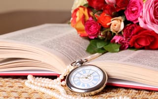 Картинка розы, часы, книга, букет, ожерелье