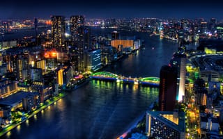 Картинка ночь, япония, мегаполис, здания, токио, огни, мост, река